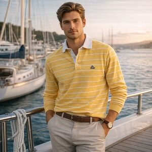 Vintage‎ Cutty Sark Polo Shirt Yellow Striped Nautical Preppy 90s Rugby USA